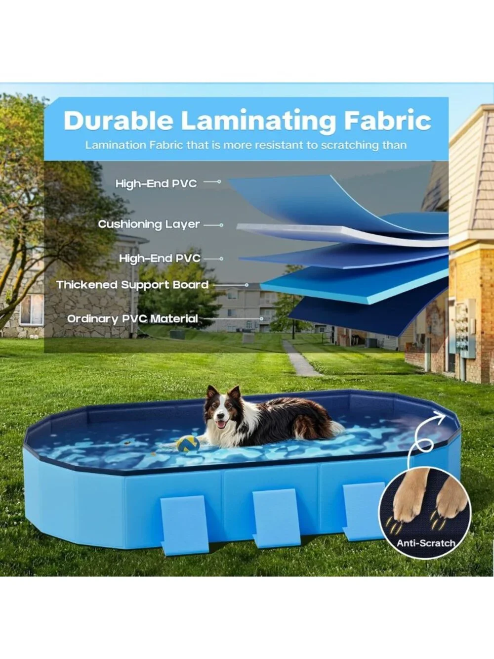 Large Foldable Dog Pool 72'' - Portable Pet Bath Tub with Reinforced Sidewalls